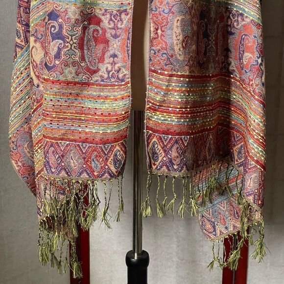 Pashmina Shawl/Scarf Multicolor w/Embroidered Designs & Tassels - Picture 10 of 15